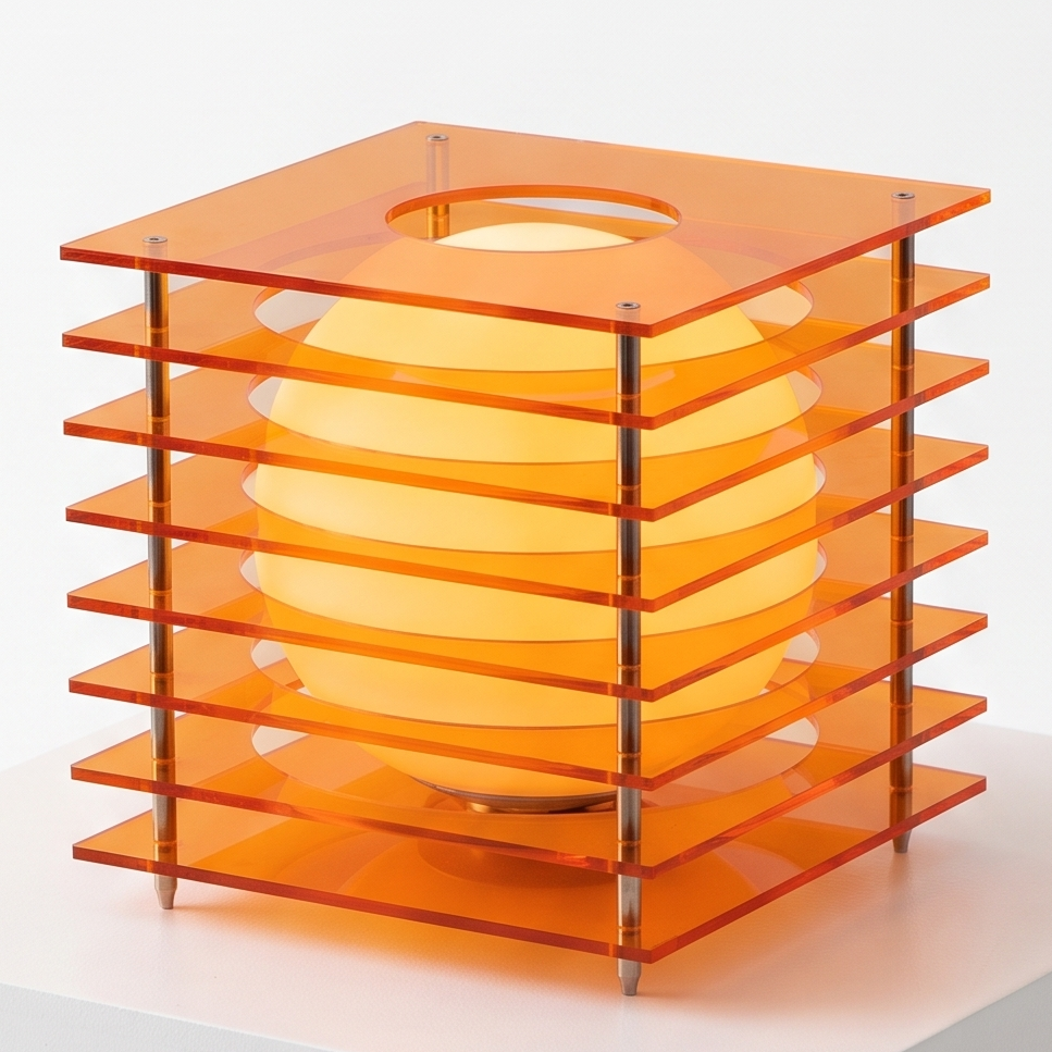 Acrylic Cube Sphere Night Light on a white display plinth, close up detail