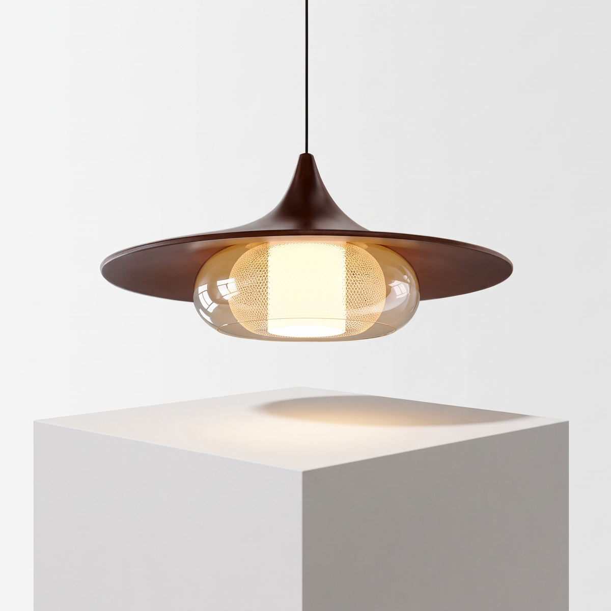 Retro Flying Saucer Chandelier on a white display plinth, detail view