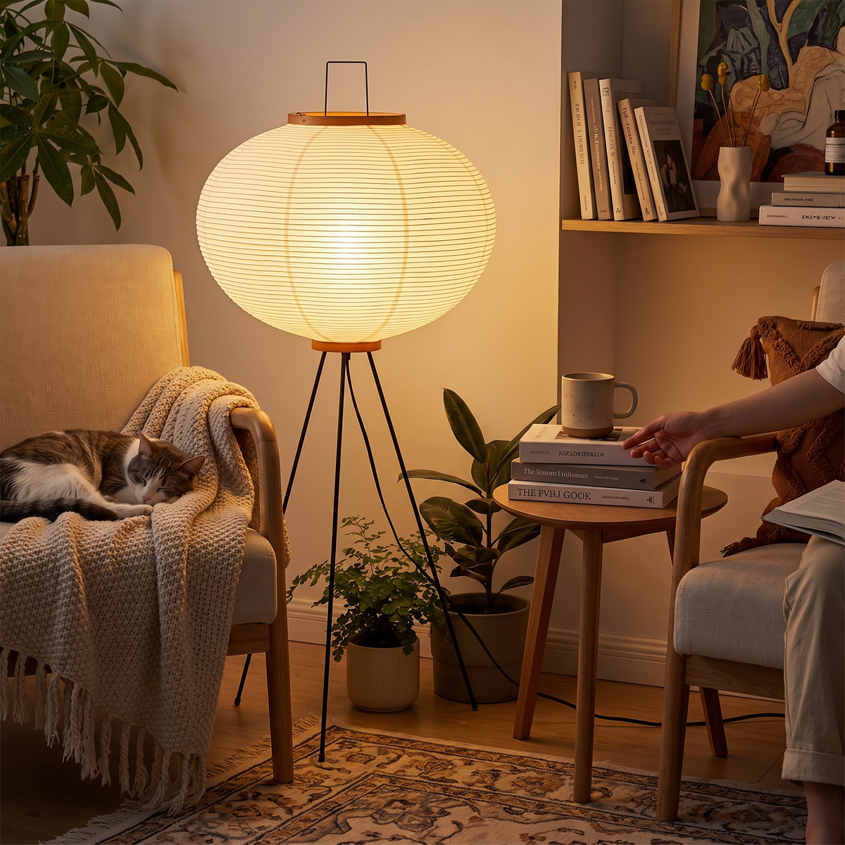 Washi Paper Wabi-Sabi Floor Lamp styled in a home setting