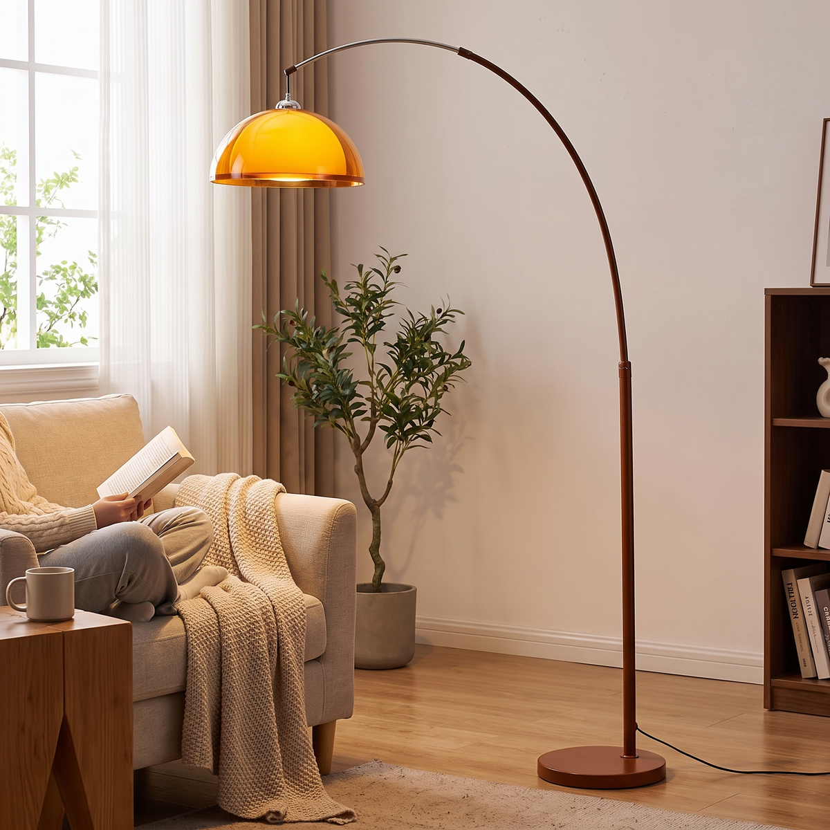 Mid-Century Arc Floor Lamp with Amber Dome styled in a home setting