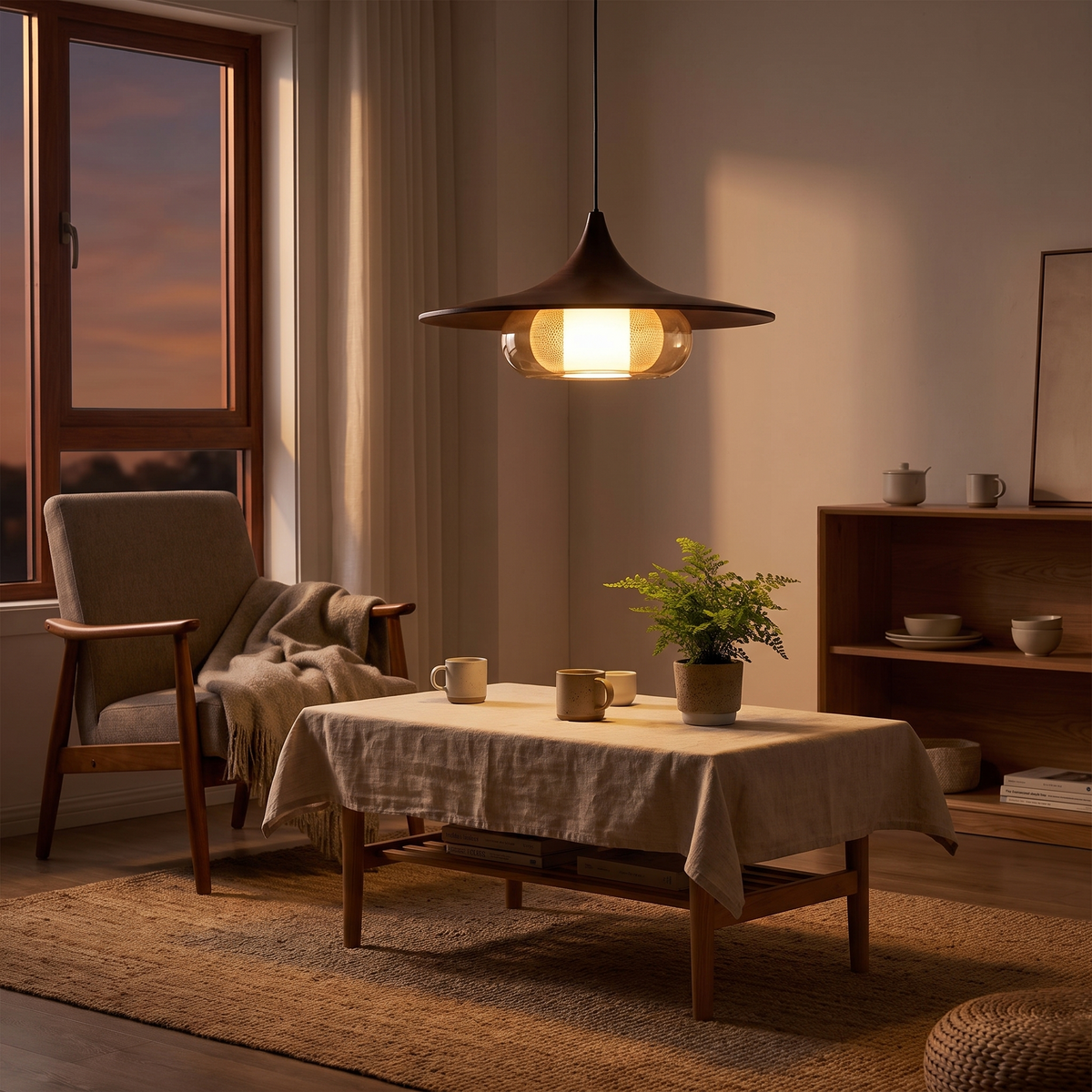 Retro Flying Saucer Chandelier, switched on in a cozy interior at dusk