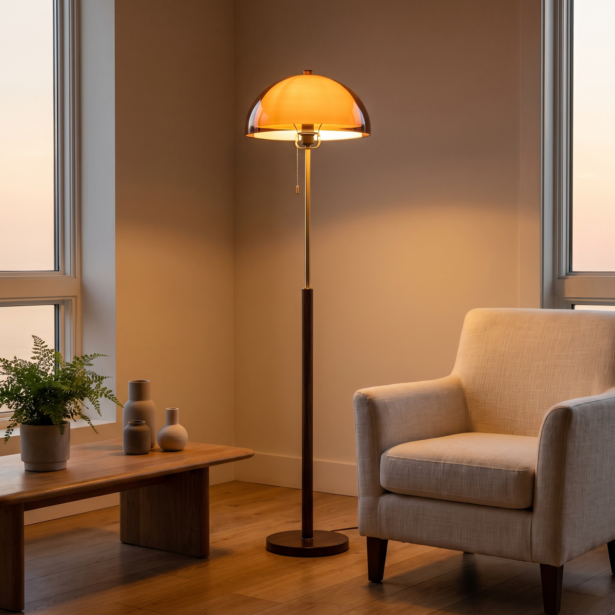 Amber Dome Floor Lamp, switched on in a cozy interior at dusk