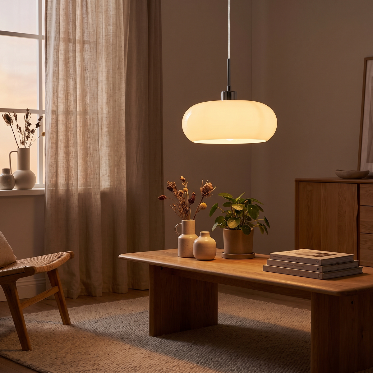 Bauhaus Retro Glass Pendant Light, switched on in a cozy interior at dusk