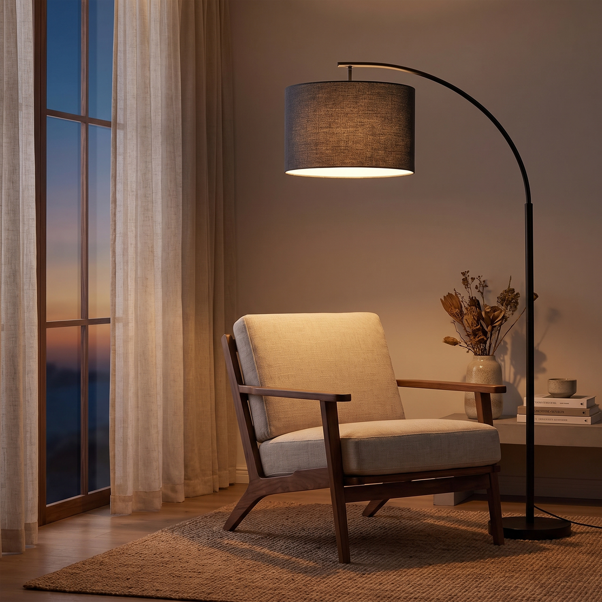 Minimalist Remote Control Floor Lamp, switched on in a cozy interior at dusk