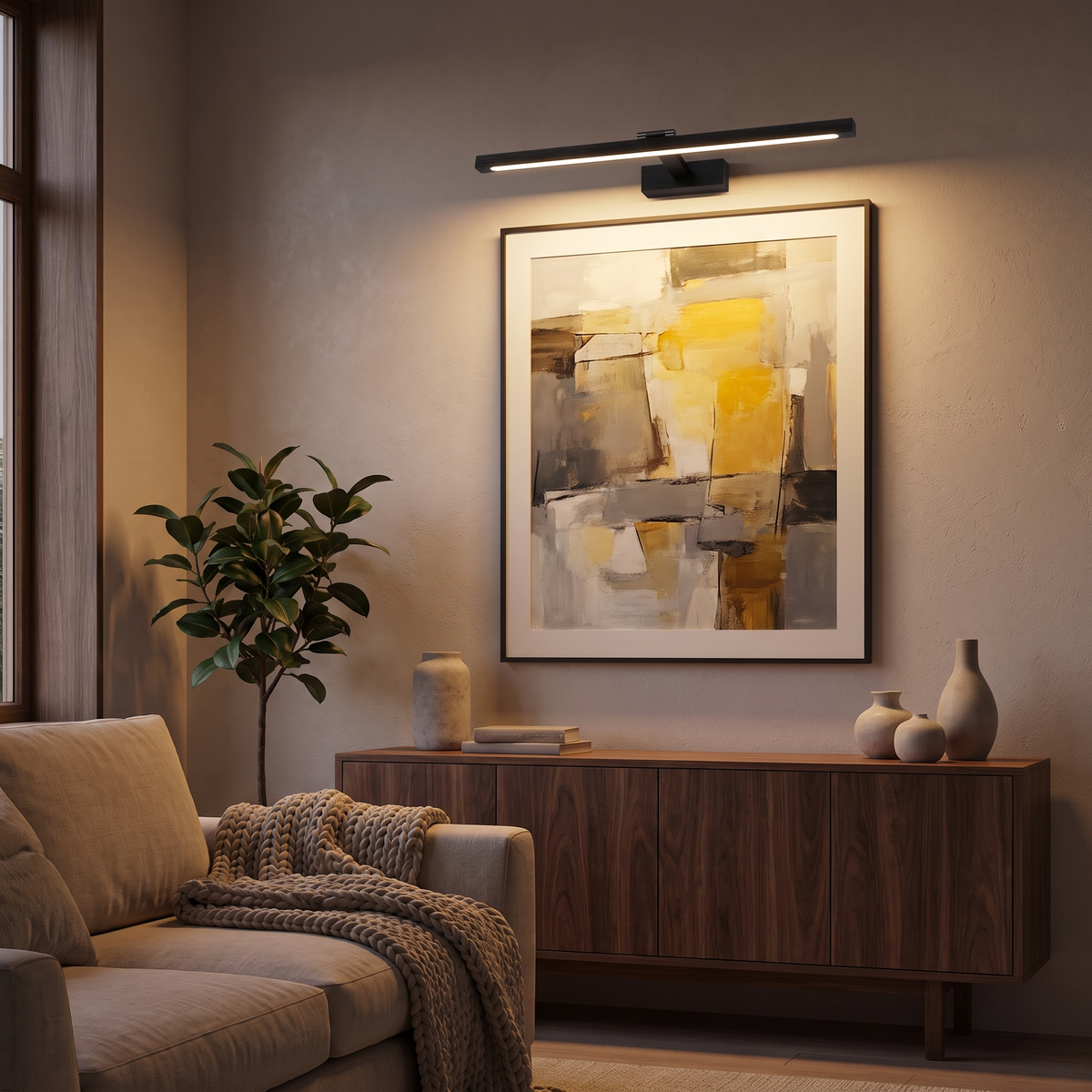 Brass LED Picture Light, switched on in a cozy interior at dusk