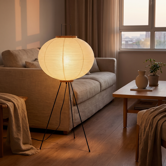 Washi Paper Wabi-Sabi Floor Lamp, switched on in a cozy interior at dusk
