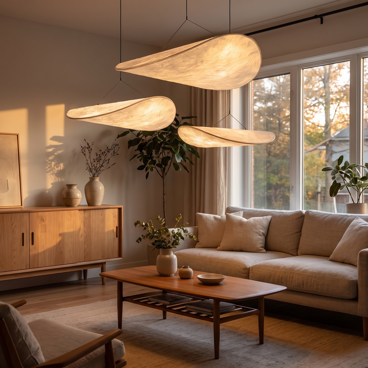 Nordic Silk Pendant Chandelier, switched on in a cozy interior at dusk