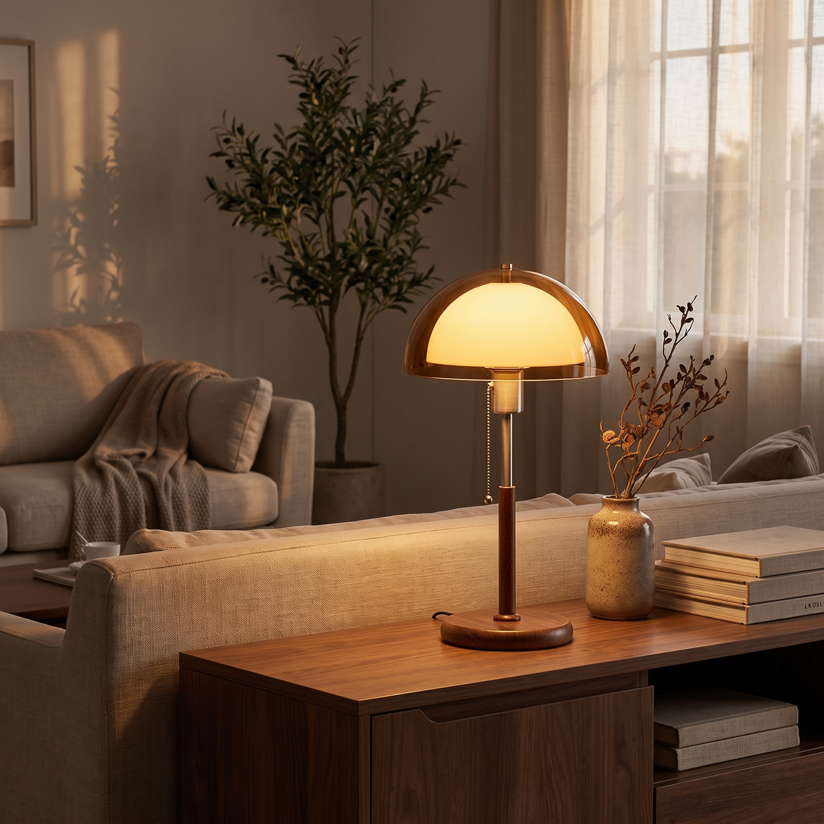 Retro Dimmable Bedside Lamp, switched on in a cozy interior at dusk