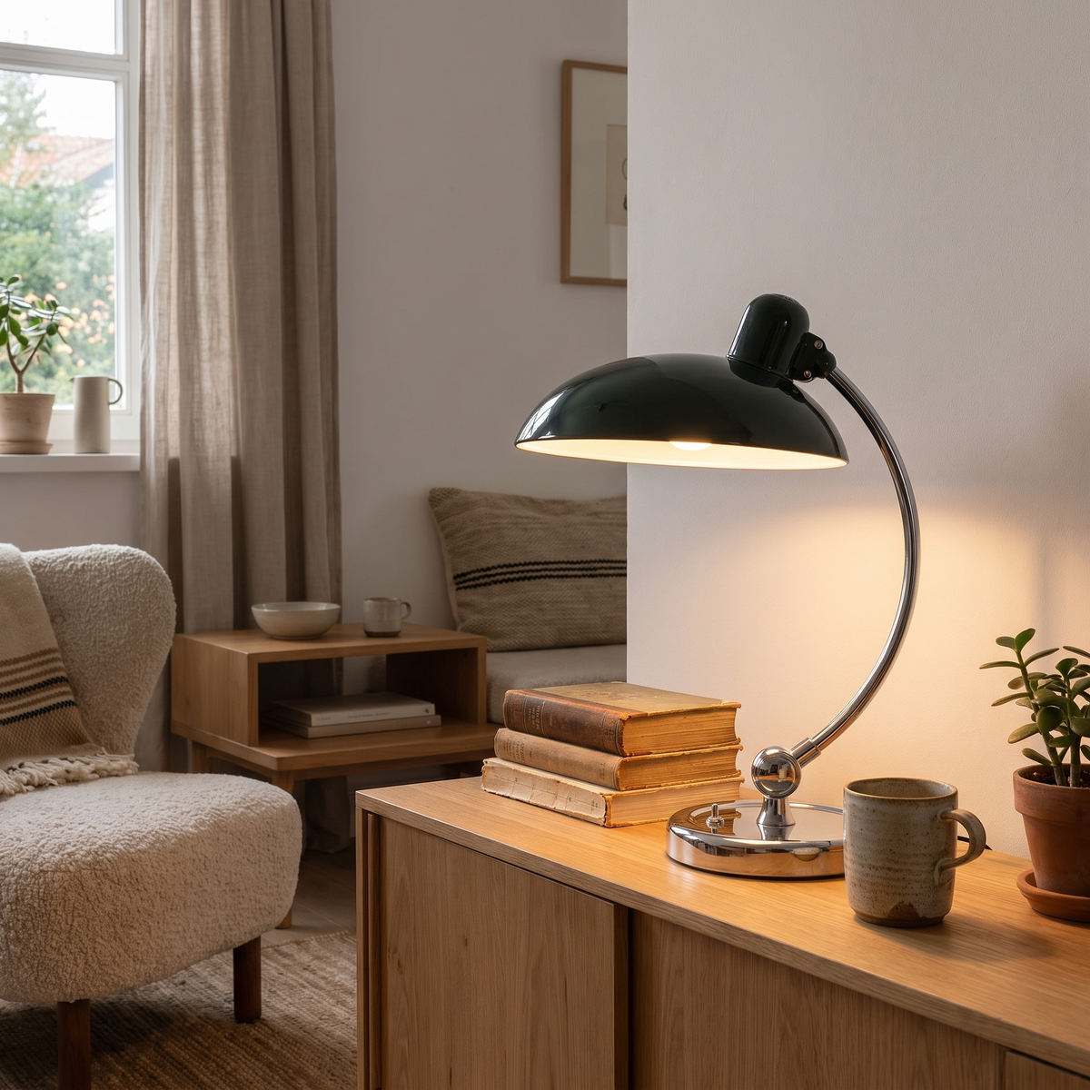 Bauhaus Mushroom Desk Lamp, switched on in a cozy interior at dusk