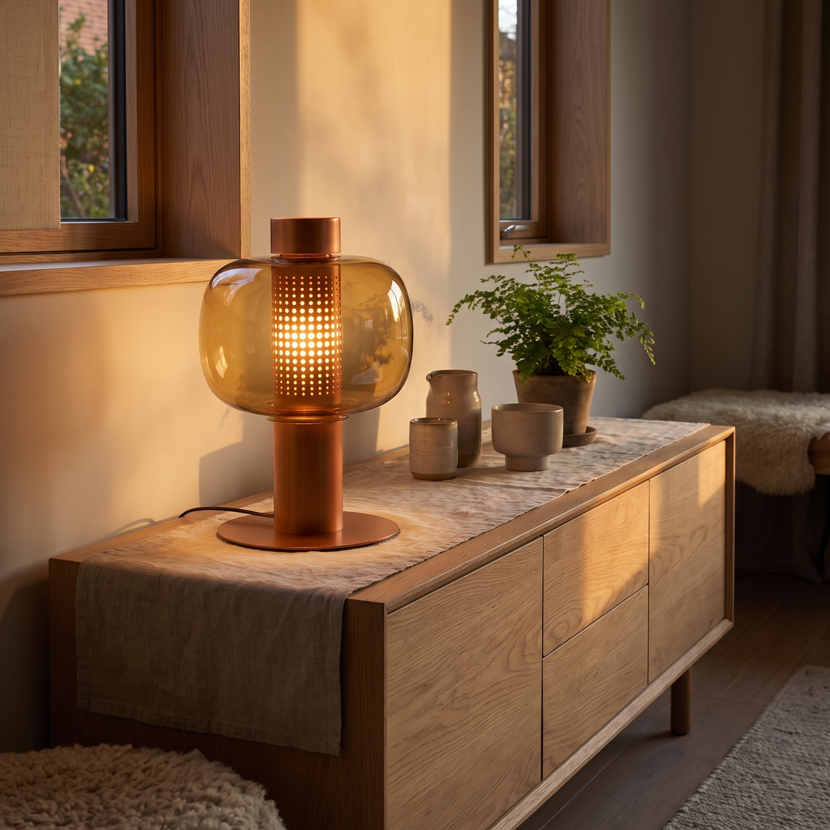 Mid-Century Bedside Table Lamp, switched on in a cozy interior at dusk