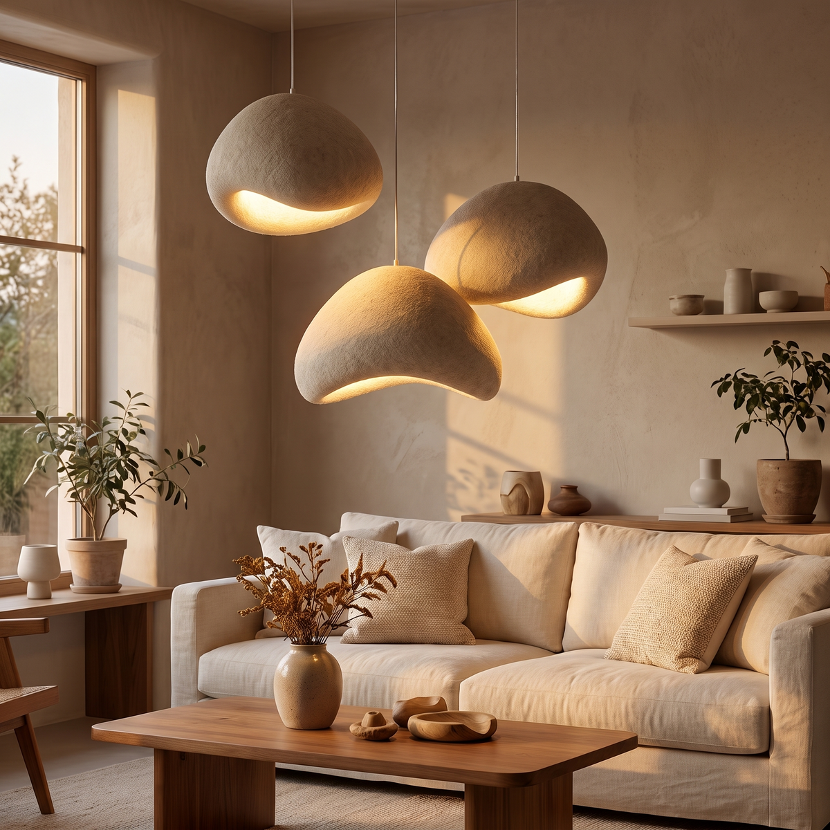 Wabi-Sabi Japanese Pendant Light, switched on in a cozy interior at dusk