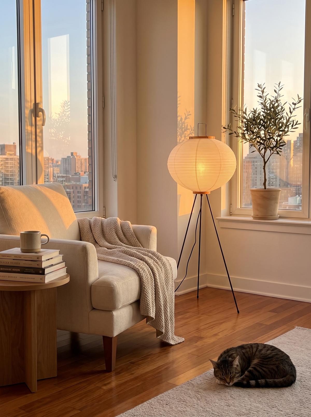 Washi Paper Wabi-Sabi Floor Lamp in a quiet reading corner