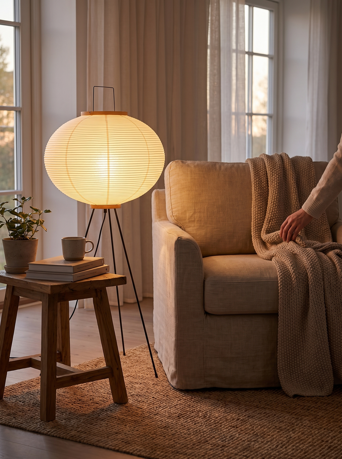 Washi Paper Wabi-Sabi Floor Lamp in a styled room