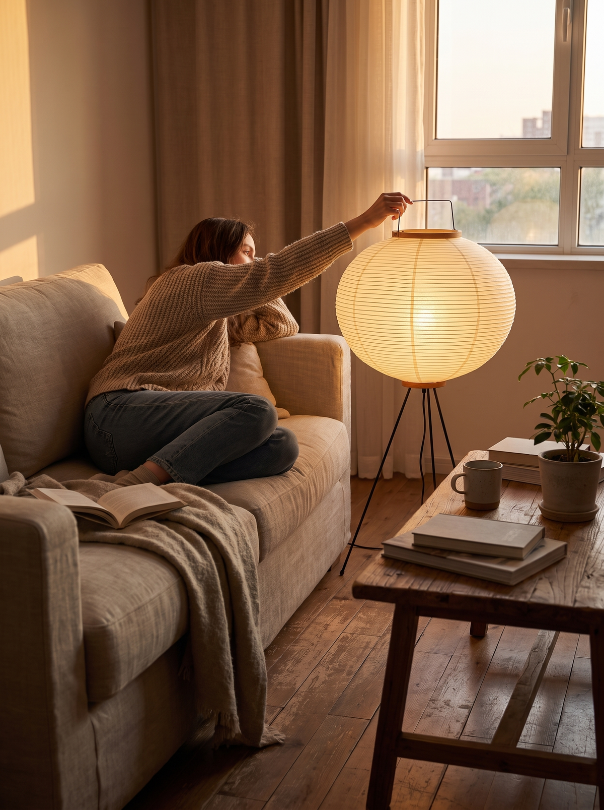 Washi Paper Wabi-Sabi Floor Lamp dimmed to a low evening glow