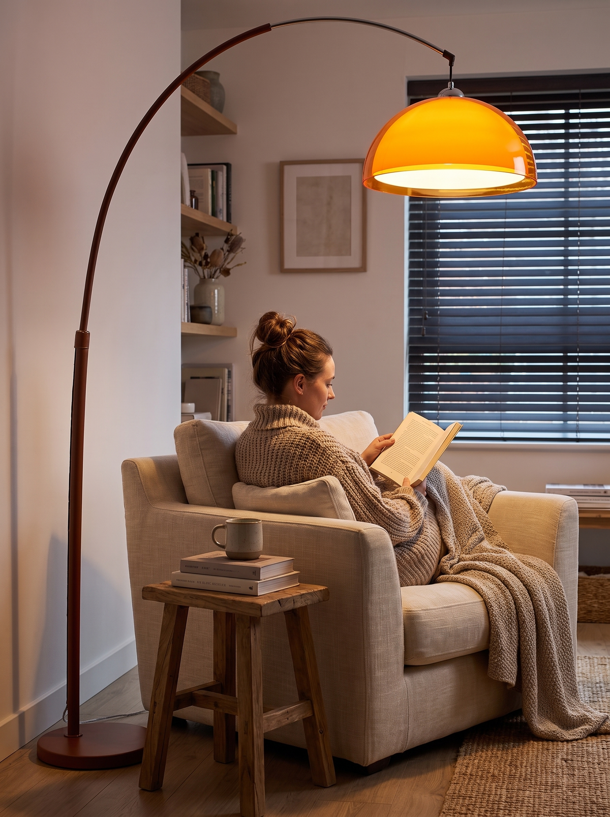 Mid-Century Arc Floor Lamp with Amber Dome in a styled room