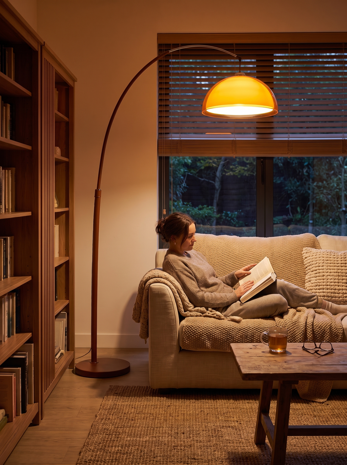 Mid-Century Arc Floor Lamp casting a honey toned evening glow