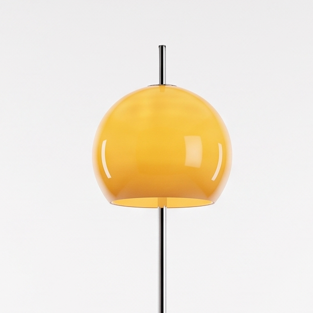 Mid-Century Yellow Dome Floor Lamp on a white display plinth, close up detail