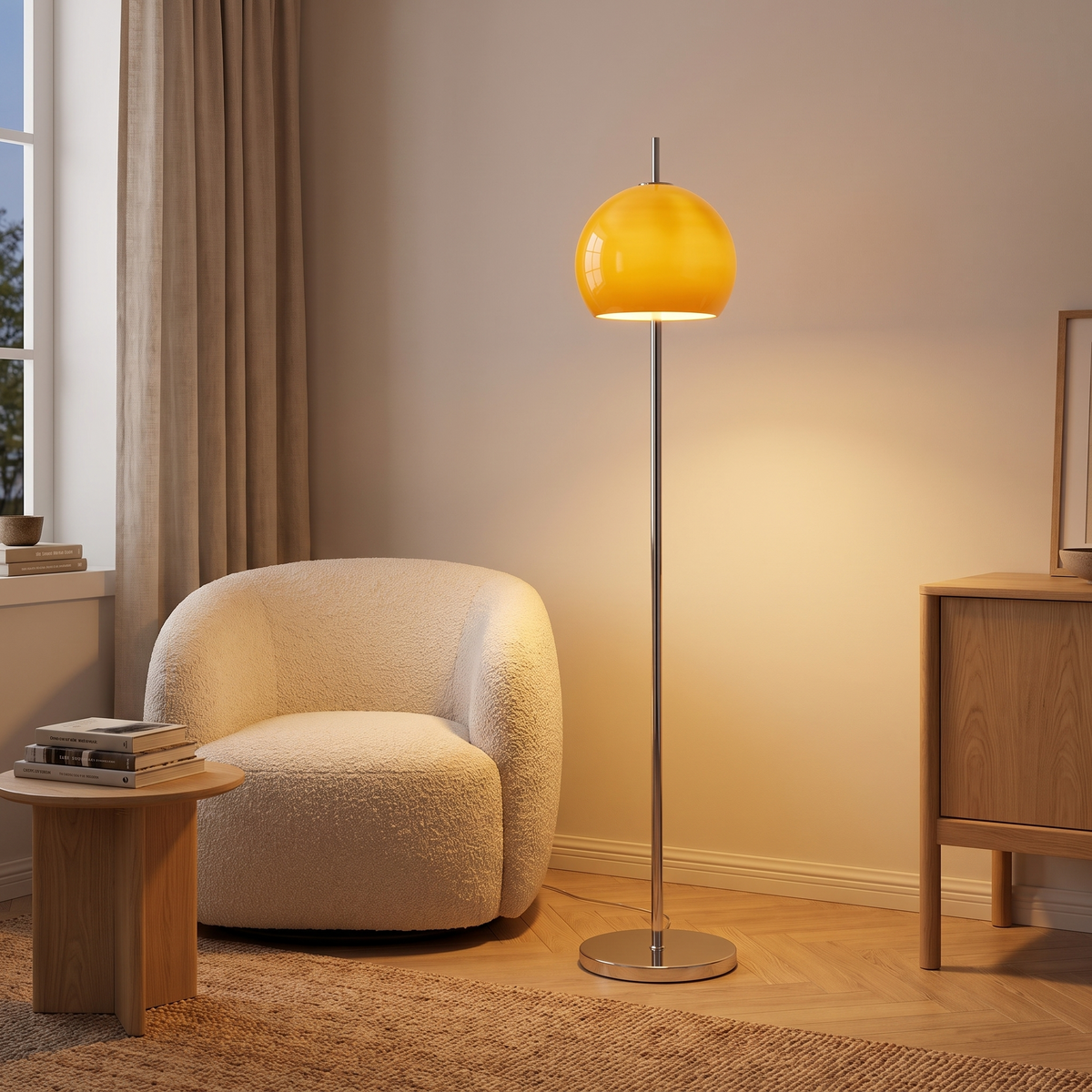 Mid-Century Yellow Dome Floor Lamp switched on in a cozy interior