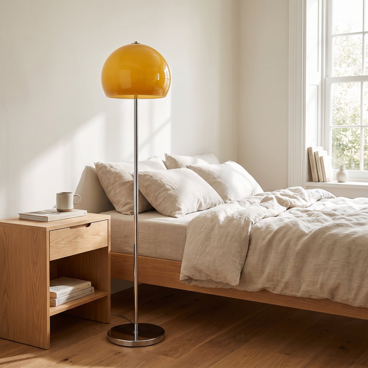 Mid-Century Yellow Dome Floor Lamp styled in a home setting