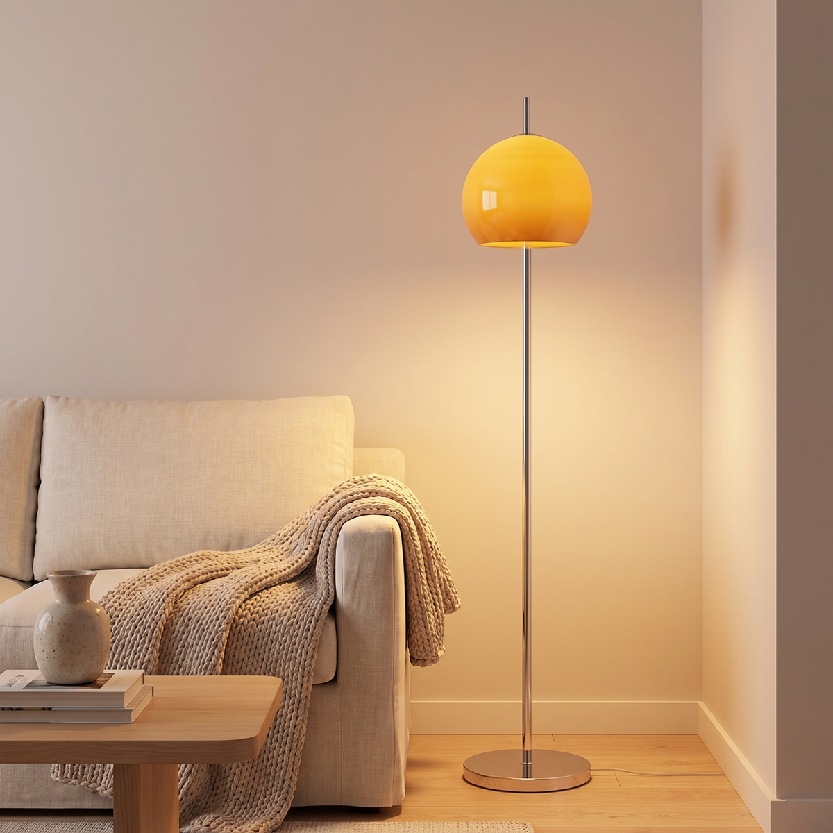 Mid-Century Yellow Dome Floor Lamp in a styled room