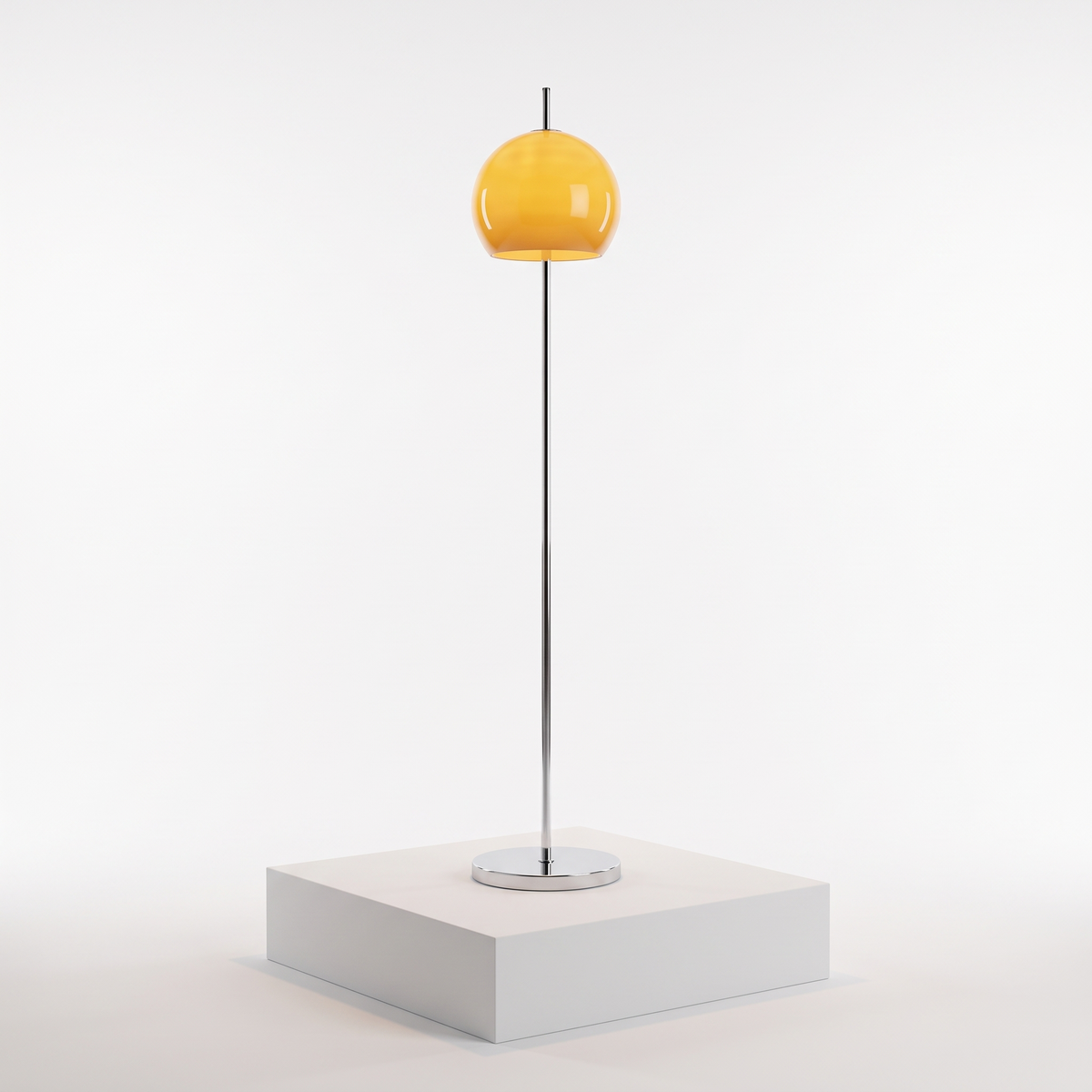 Mid-Century Yellow Dome Floor Lamp on a white display plinth, full view