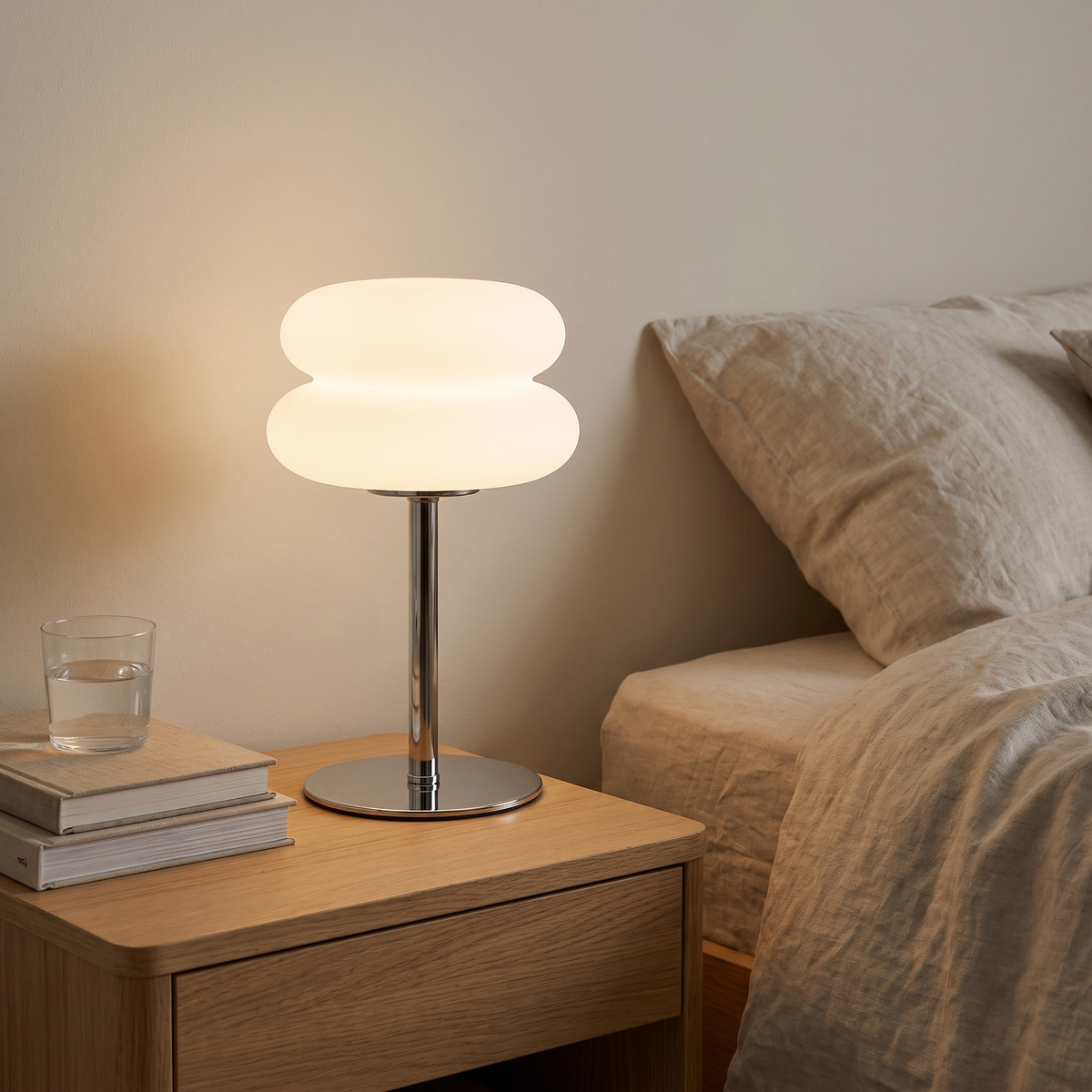 Bauhaus Macaron Table Lamp switched on in a cozy interior