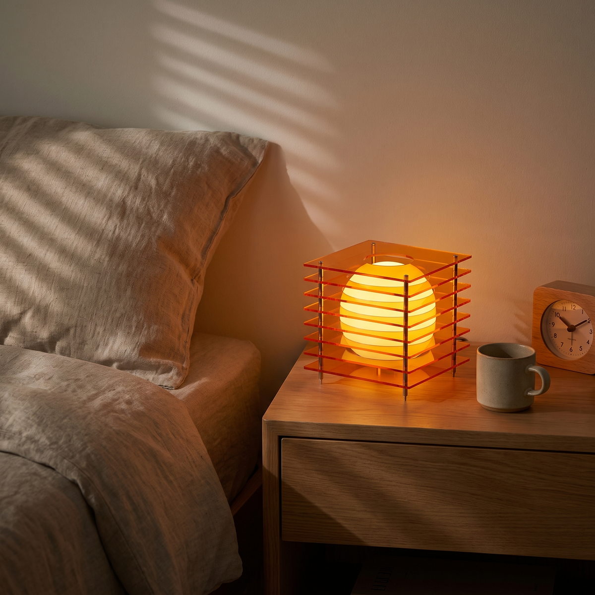 Acrylic Cube Sphere Night Light switched on in a cozy interior