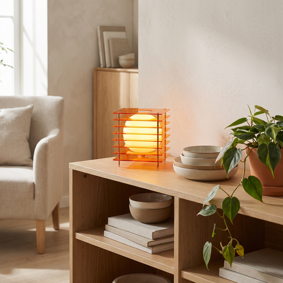 Acrylic Cube Sphere Night Light styled in a home setting