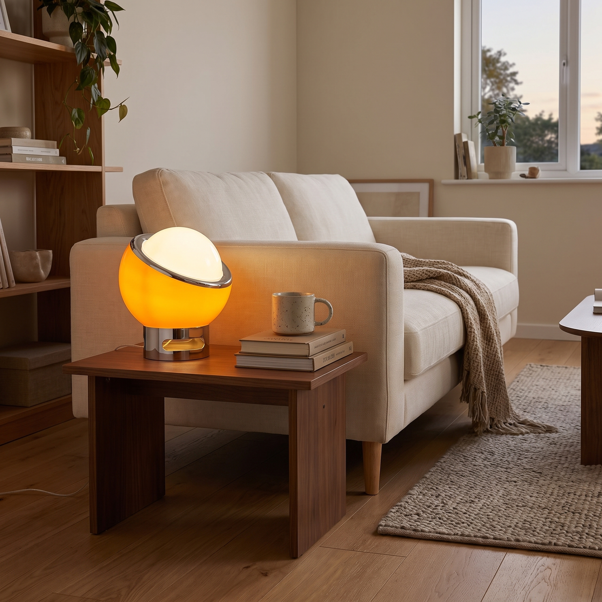 Space Age Egg Table Lamp switched on in a cozy interior