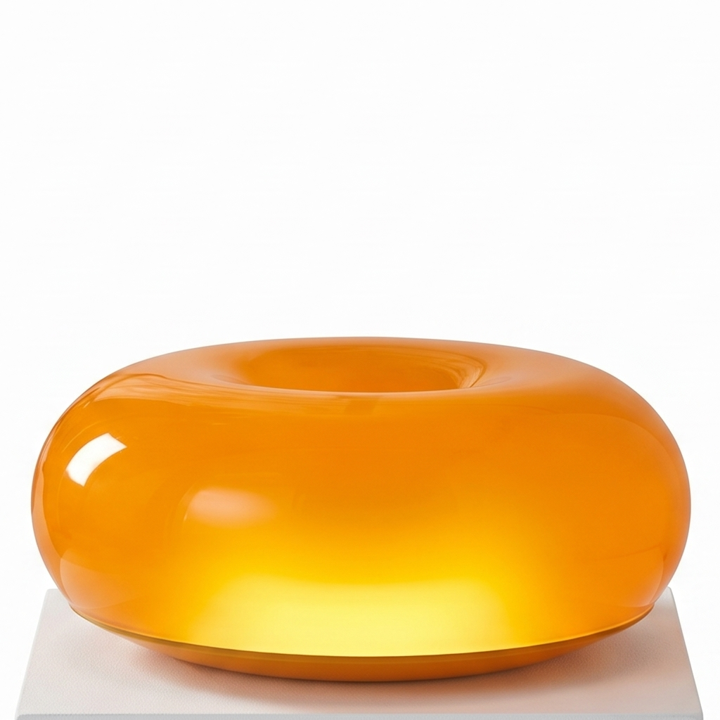 Bauhaus Donut Table Lamp on a white display plinth, close up detail