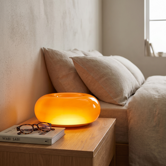 Bauhaus Donut Table Lamp switched on in a cozy interior
