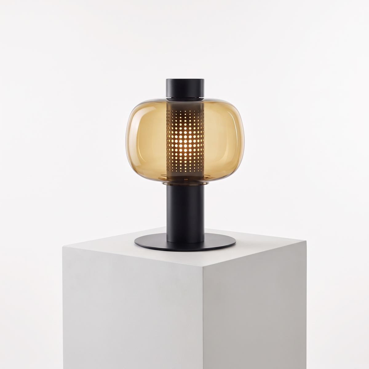 Mid-Century Bedside Table Lamp in Type A, amber glass with black base on a white display plinth