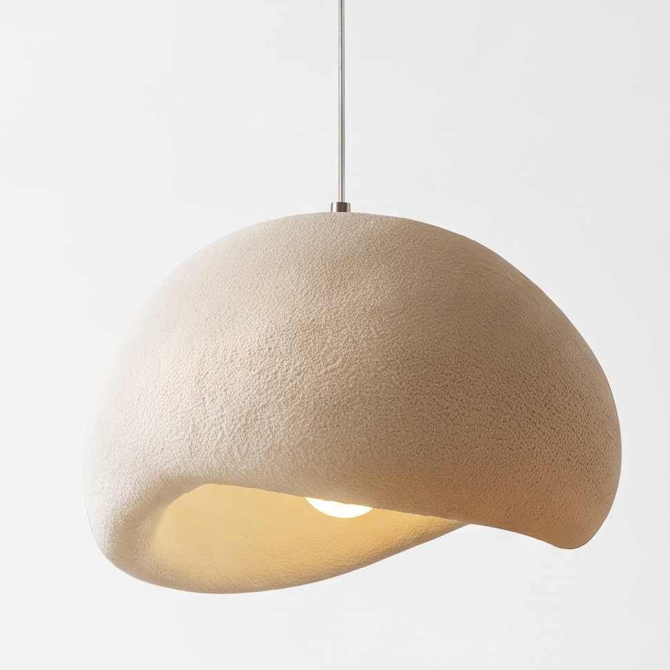 Wabi-Sabi Japanese Pendant Light on a white display plinth, close up detail