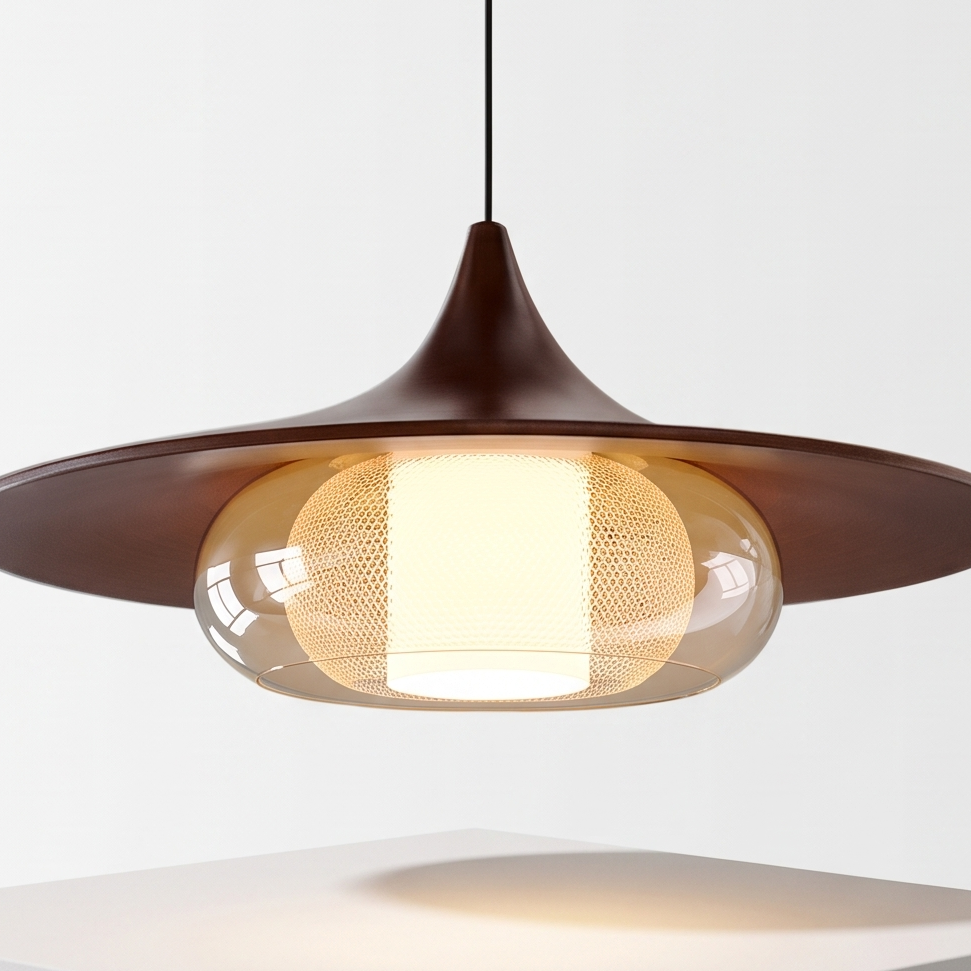 Retro Flying Saucer Chandelier on a white display plinth, close up detail