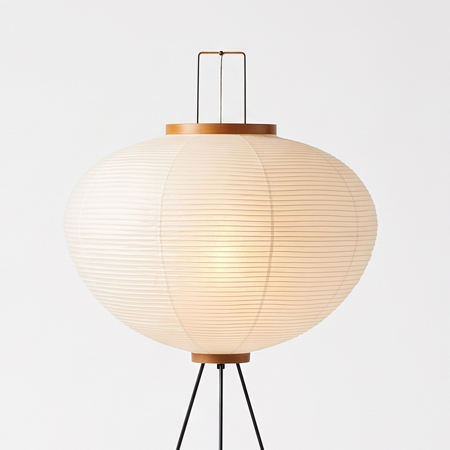 Washi Paper Wabi-Sabi Floor Lamp on a white display plinth, close up detail