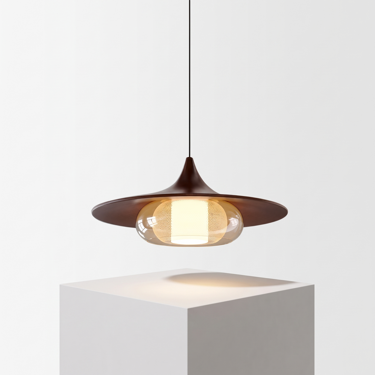 Retro Flying Saucer Chandelier on a white display plinth, full view